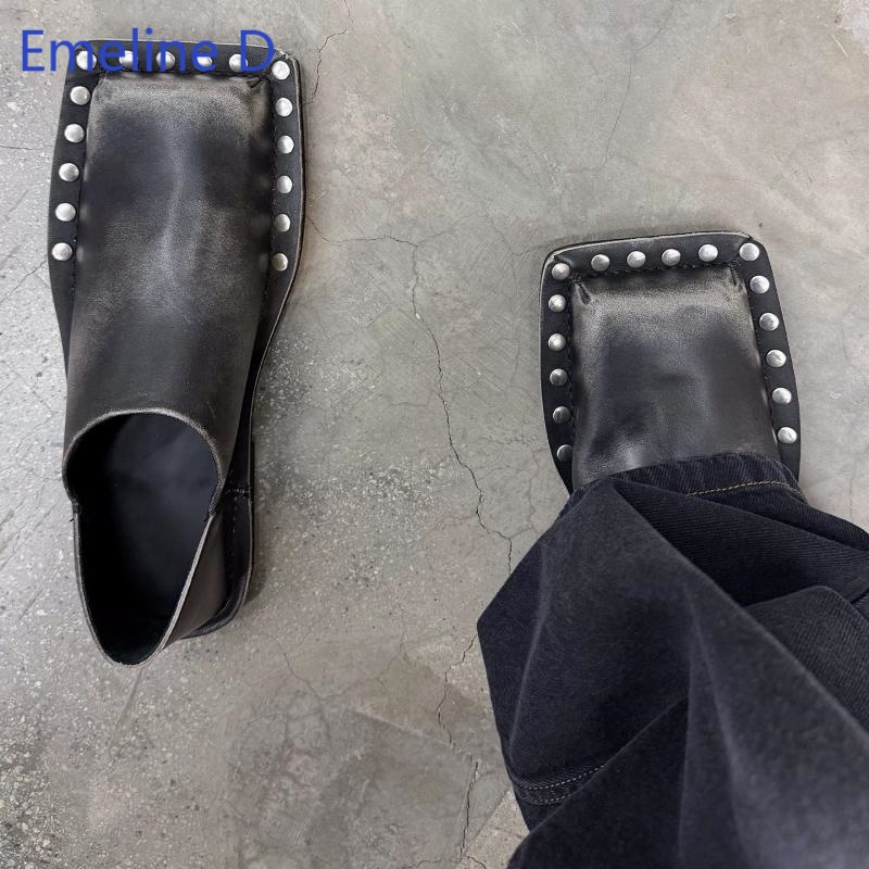 Flip Flop Leather Men - Unisex muiltjes met vierkante neus, verweerd
